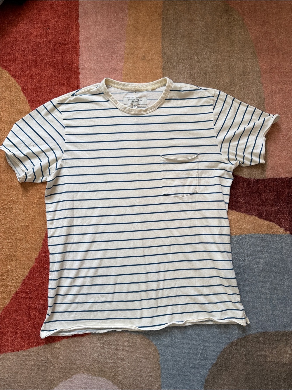 rag & bone White Tee with Blue Horizontal Stripes and Chest Pocket
